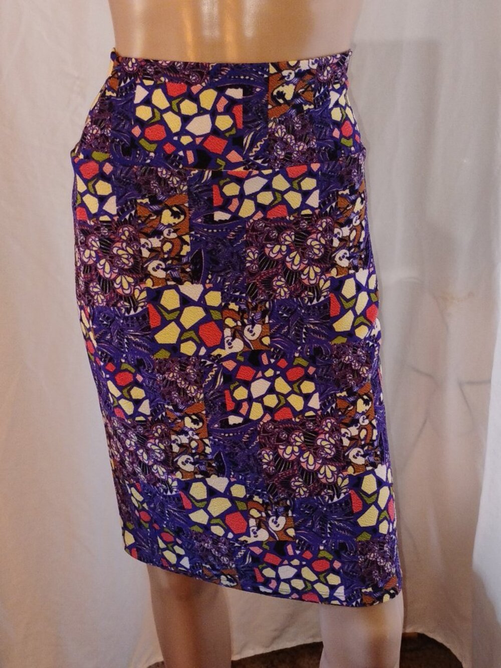 LuLaRoe | Cassie Pencil Skirt | Medium | Purple Orange Green & Cream Patchwork